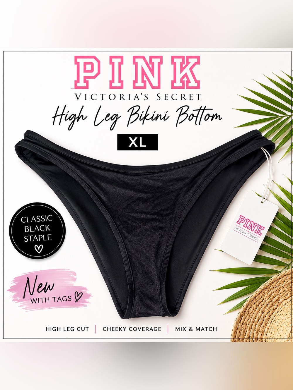 Victoria’s Secret PINK Black High Leg Bikini Bottom NWT XL Swimwear